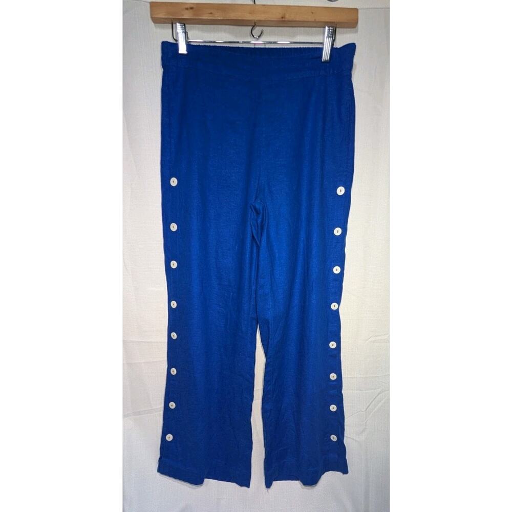 Soft Surroundings Royal Blue Linen Blend Button Side Wide Leg Pants Sz M Boho